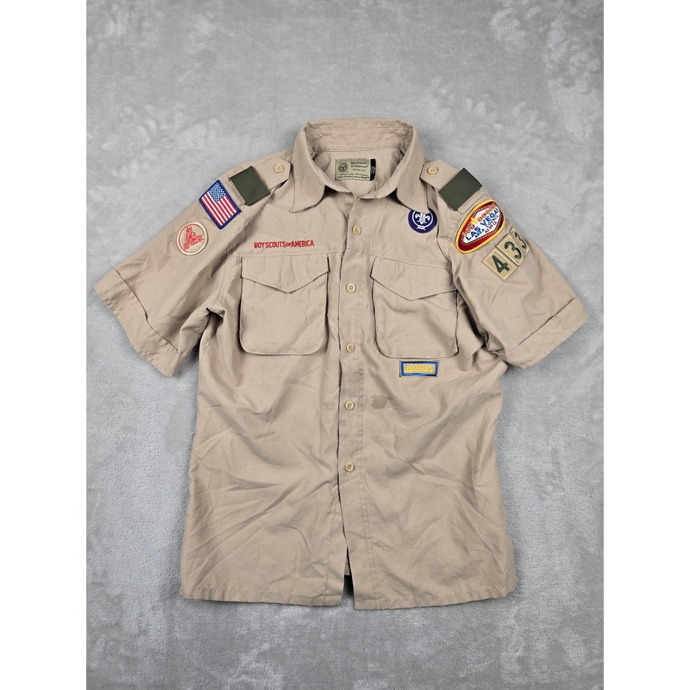 Boy Scouts of America Shirt Youth L Tan‎ Vented Short Sleeve Patches Las Vegas